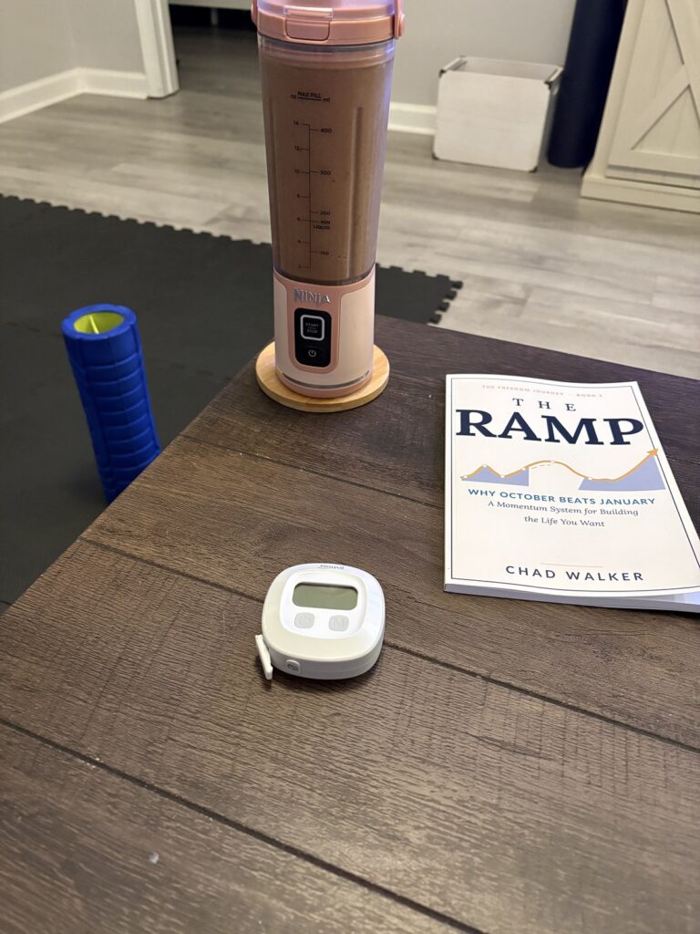 Day 1 of the 2027 Ramp: a tape measure, a shake, and a paperback copy of The Ramp by Chad Walker