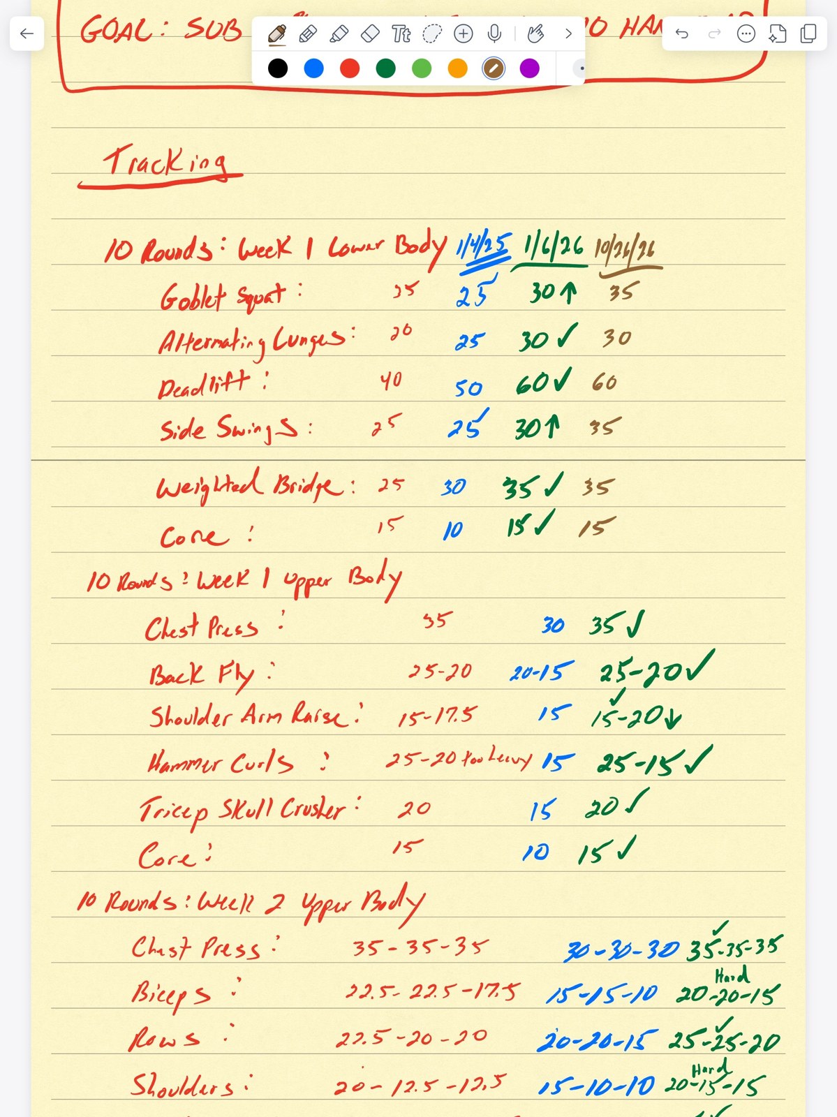 Chad's hand-made 10 Rounds tracking sheet showing the goblet squat jump from 30 to 35 pounds