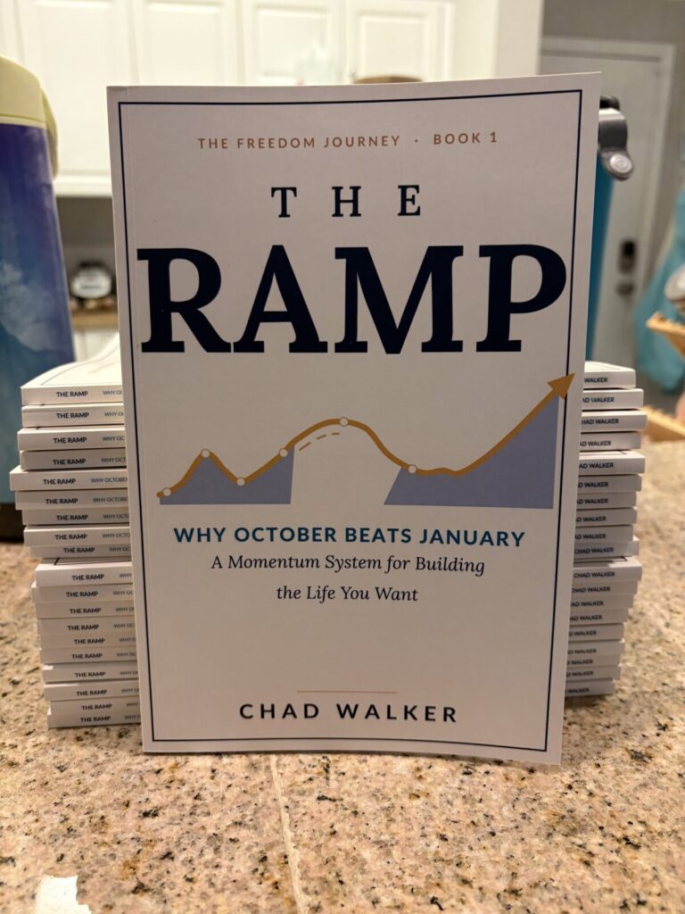 A paperback copy of The Ramp by Chad Walker standing on the kitchen counter